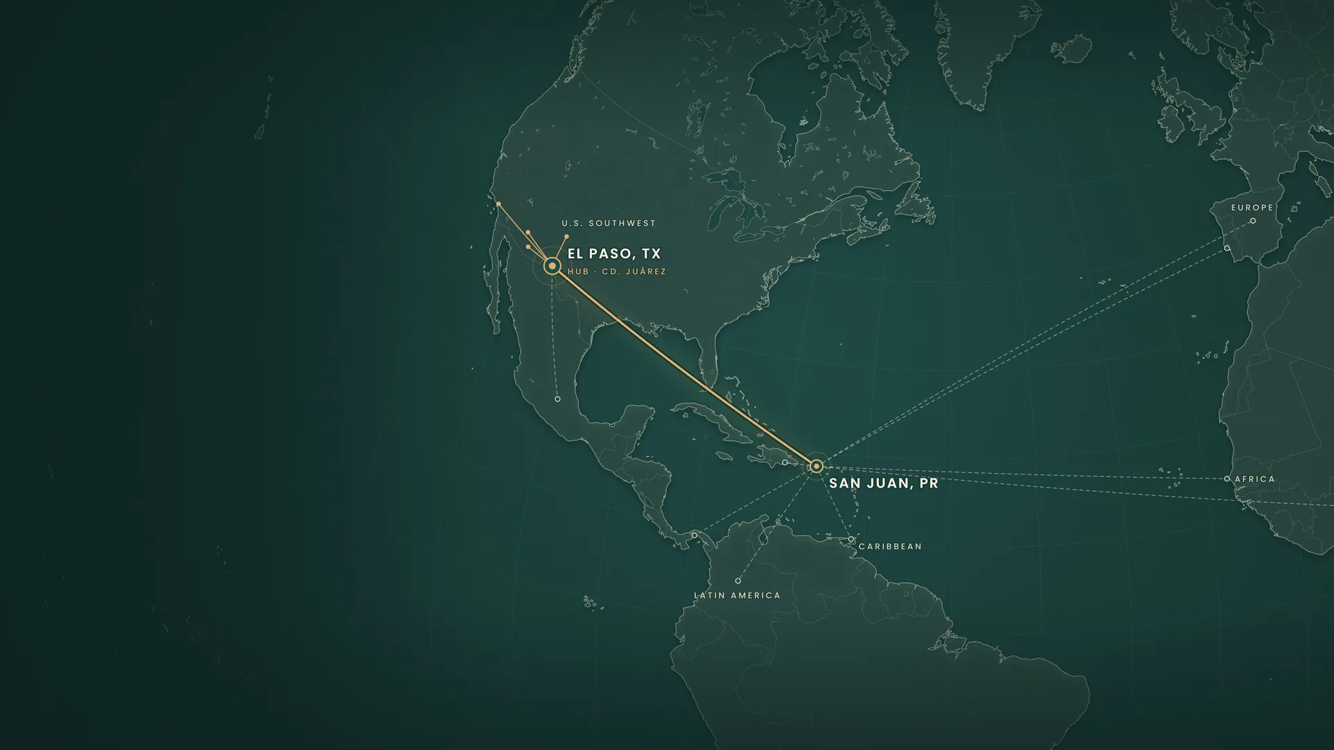 Map of the corridor between San Juan, Puerto Rico and El Paso, Texas